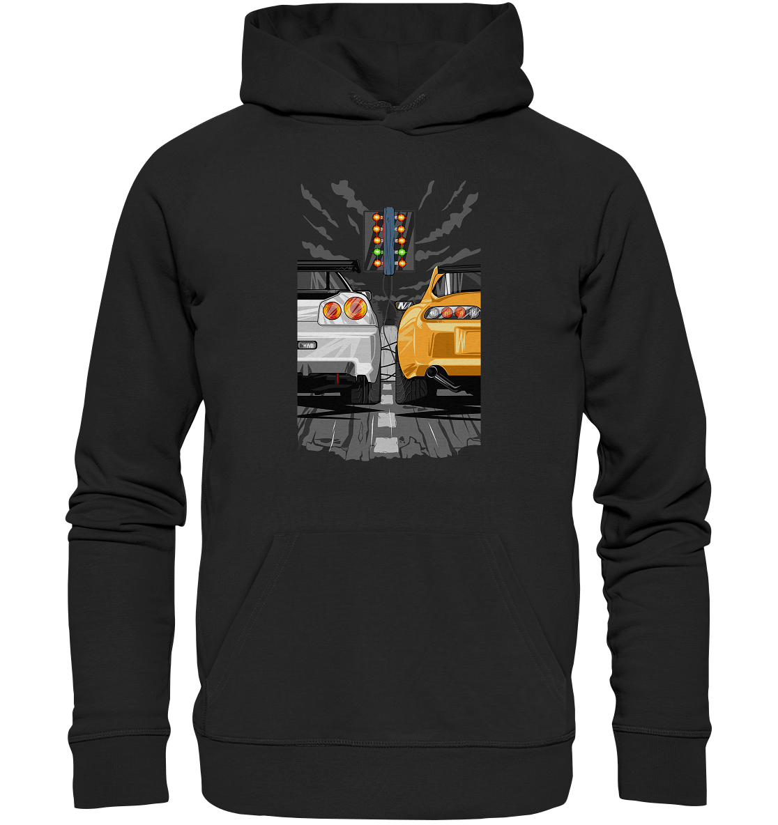 Skyline R34 vs Supra MKIV Drag - Premium Unisex Hoodie - MotoMerch.de