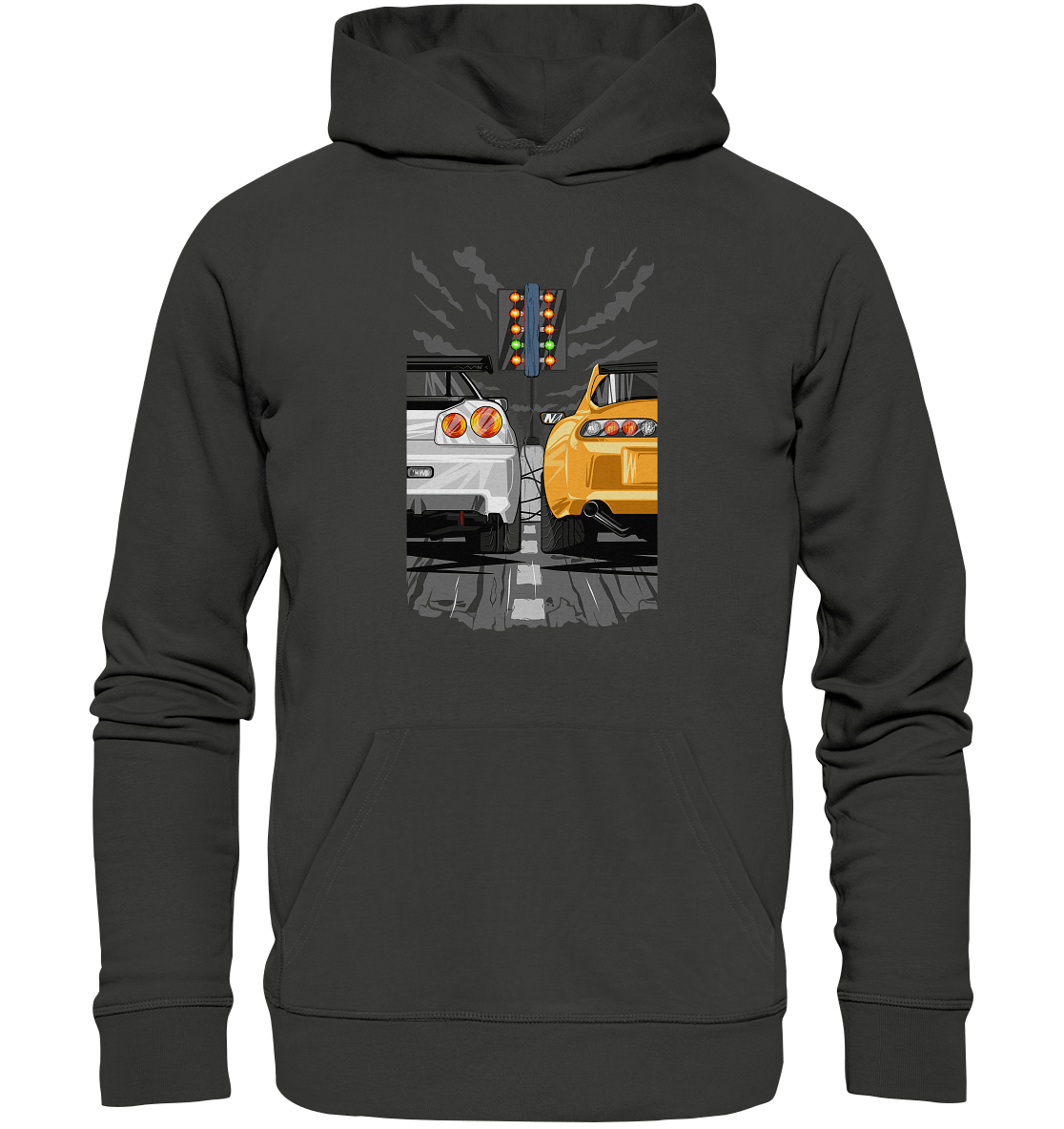 Skyline R34 vs Supra MKIV Drag - Premium Unisex Hoodie - MotoMerch.de