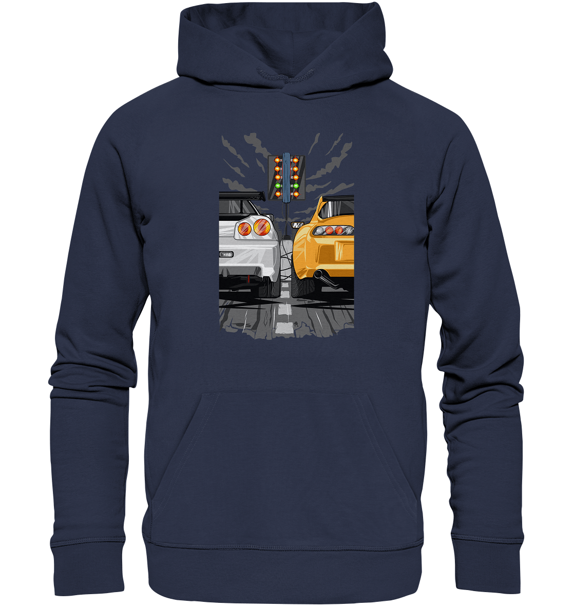 Skyline R34 vs Supra MKIV Drag - Premium Unisex Hoodie - MotoMerch.de