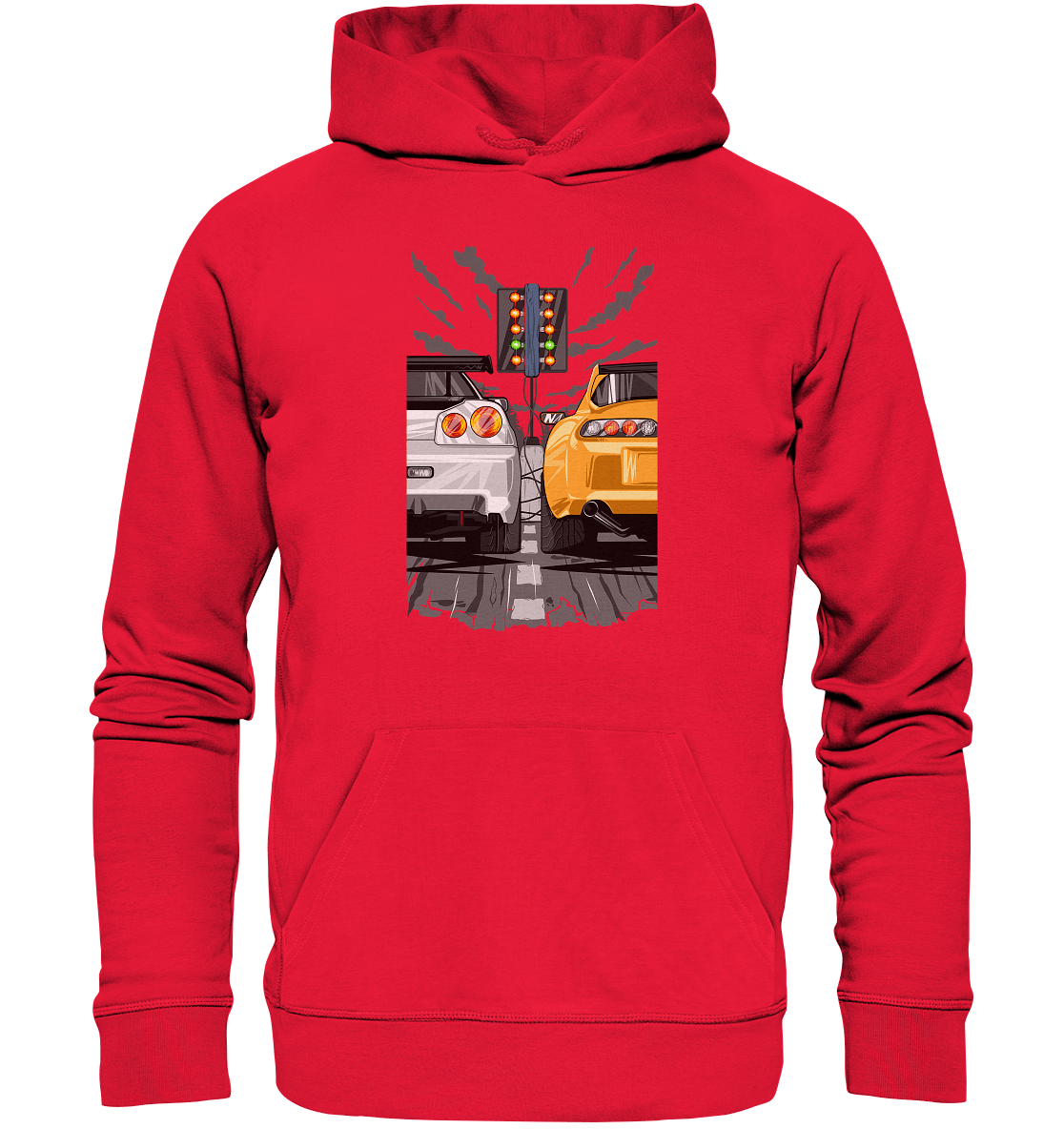 Skyline R34 vs Supra MKIV Drag - Premium Unisex Hoodie - MotoMerch.de